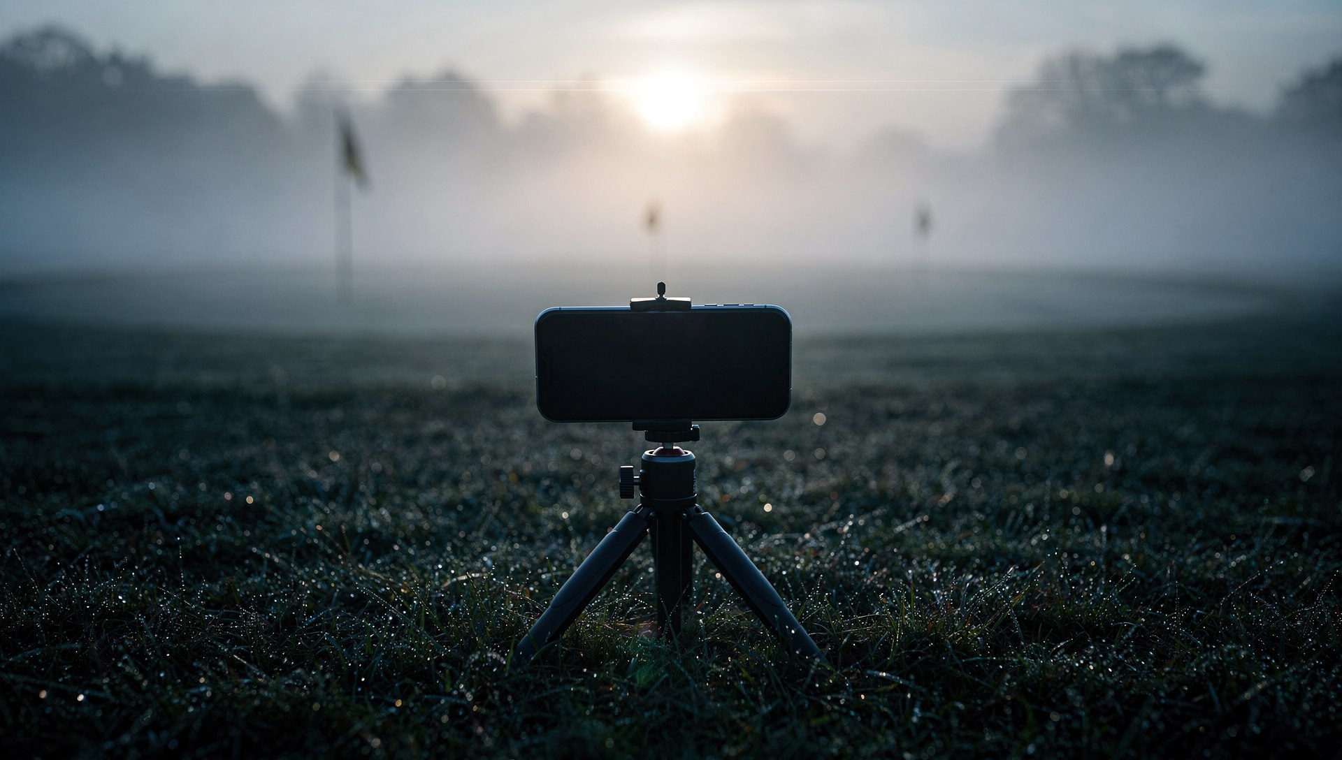 A smartphone on a small tripod filming at a driving range at dusk